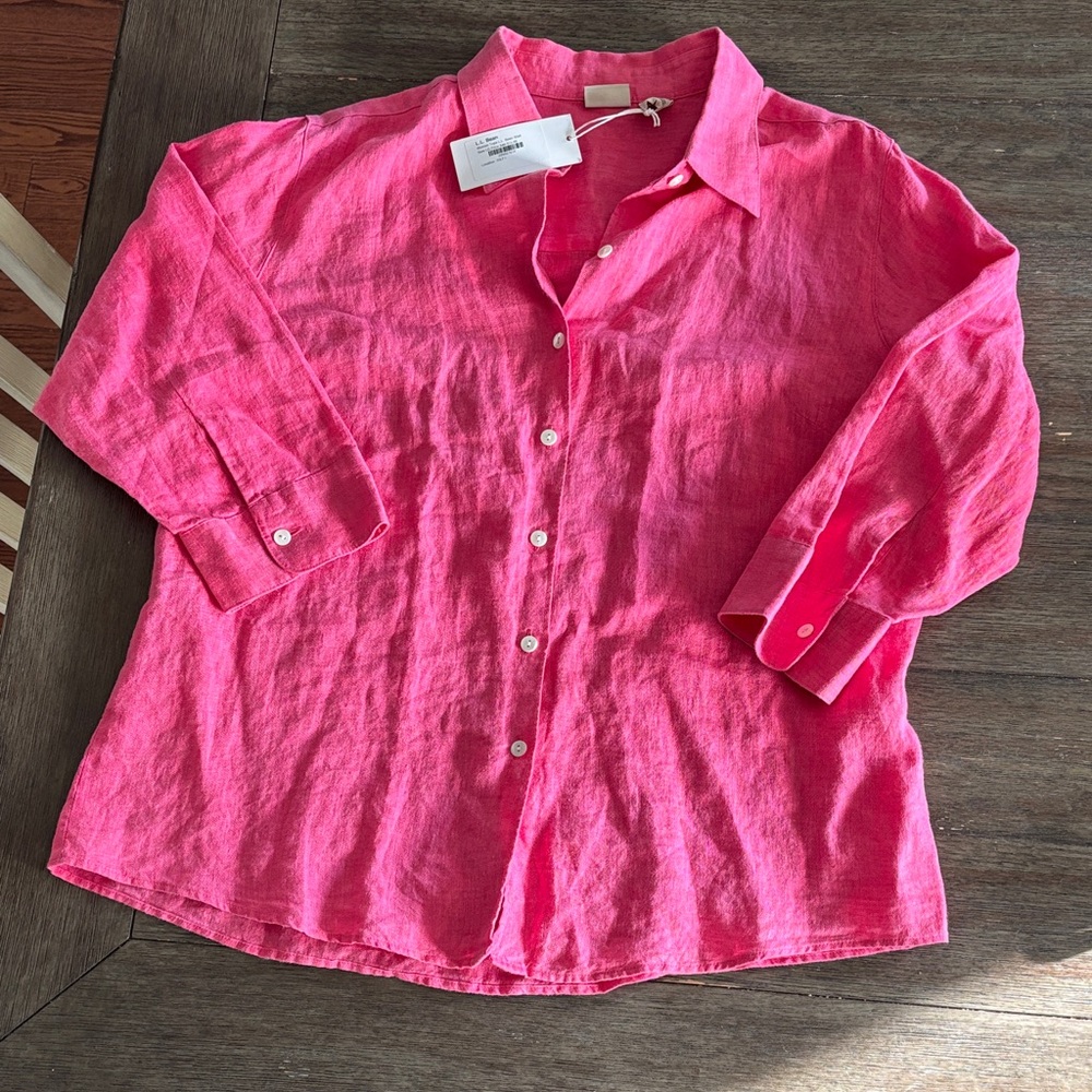 L.L. Bean Pink 100% Linen Button Down Shirt